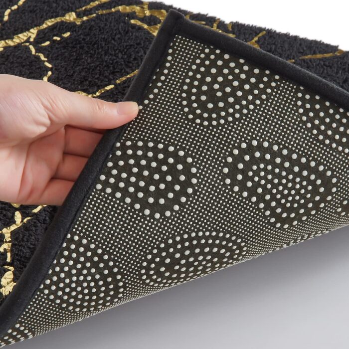 QJHOMO Non-Slip Bath Mat Washable, Bathroom Rug, Toilet Rug with Cutout Black Bathroom Carpet, Gold Decorative Toilet Rug Luxury Bathroom Accessories, soft Microfiber Absorbent Bath Rug 50x50 cm 50 x 50 cm with Toilet Cutout Black and Gold