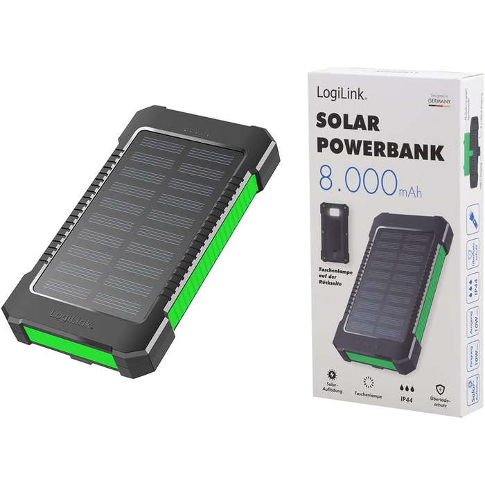 Портативний зарядний пристрій Solar Powerbank 8000 mAh з ліхтариком, чорно-оранжевий, одночасна зарядка 2 пристроїв (2x USB Type-A)
