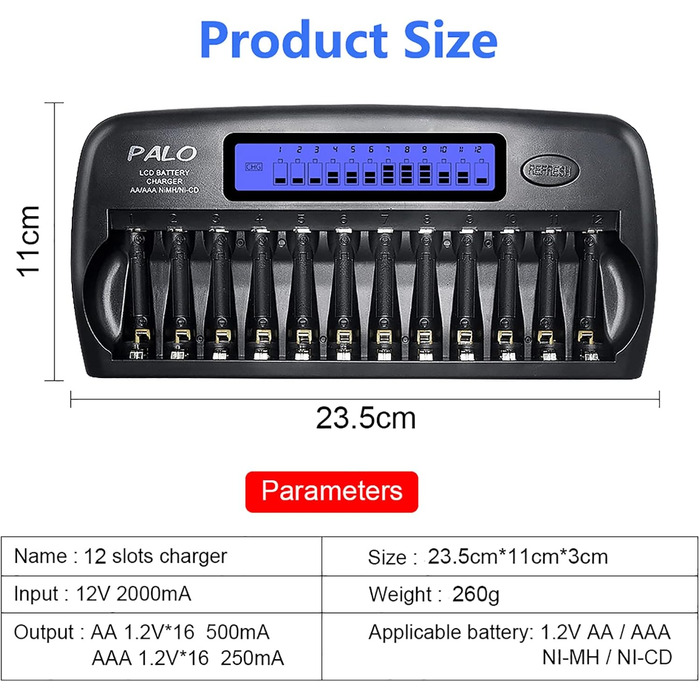 Зарядний пристрій CITYORK 12 Bay LCD з інтелектуальним захистом IC для AA/AAA NI-MH/NI-аккумуляторів, з адаптером та комплектом AA-аккумуляторів