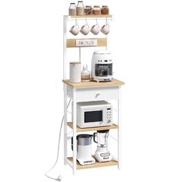 Полиця кухонна з розетками, стелаж для пекаря, підлоговий стелаж, 34 x 48 x 139 см, полиця для мікрохвильовки з ящиками, 4 гачки, для кухні, вітальні, їдальні, чорний/білий ABRHR48UE01