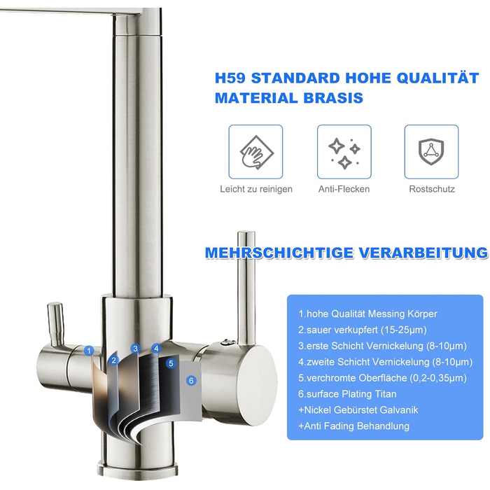 Кухонний змішувач 3 в 1 з поворотним гусаком 360° та двома режимами (з душем), з нержавіючої сталі та латуні, для фільтрації води, з двома ручками