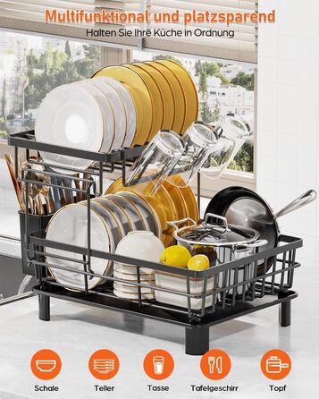 LIONONLY Dish Drainer Rack, Small 2-Tier Dish Rack with Drip Bowl, Stainless Steel Dish Drainer with Utensil Holder, Drink Holder and Swivel Spout, Dish Drying Rack Kitchen