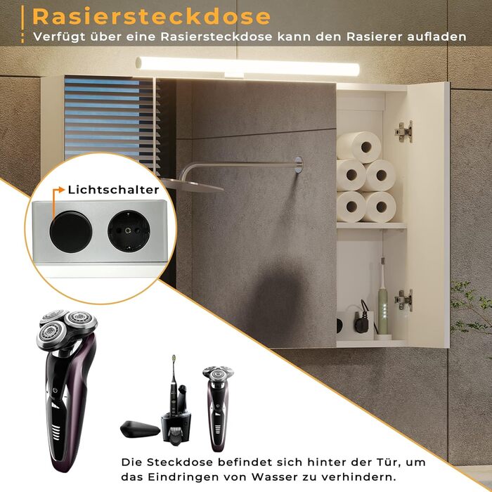 Дзеркальна шафа для ванної кімнати DICTAC з LED-підсвічуванням, розеткою та вимикачем (90x16x60 см), 3 дверцята, білий колір