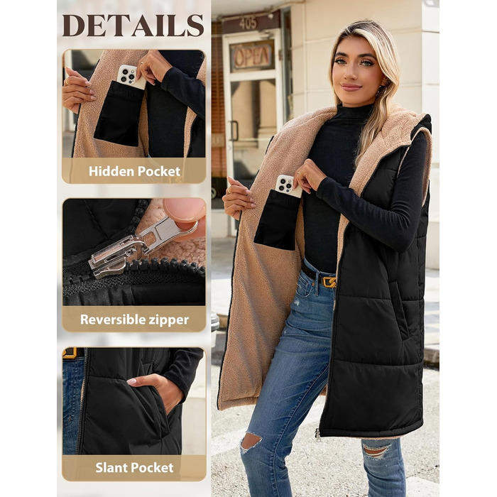 Жіноча жилетка Tuopuda з капюшоном, степкова, з флісовою підкладкою, тепла зимова куртка, безрукавка, термо-жилетка, на блискавці, чорна, розмір S