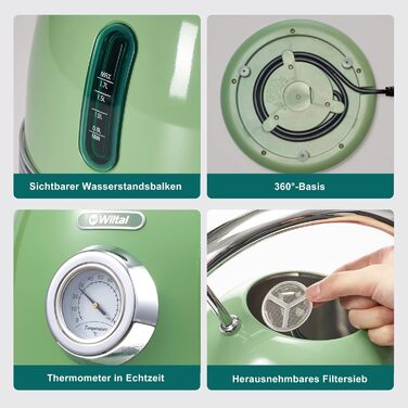 Ретро чайник з нержавіючої сталі, електрочайник та тостер-сет, 2200 Вт, 1,8 л, для чаю, кави, дитячого харчування, без BPA. Зелений вінтажний дизайн