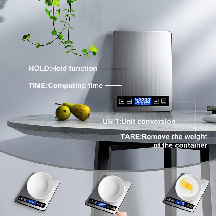 Кухонні ваги GRAM: цифрова вага для приготування їжі та випічки, 10 кг, з таймером та функцією утримання, точність 1 г, з нержавіючої сталі та загартованого скла