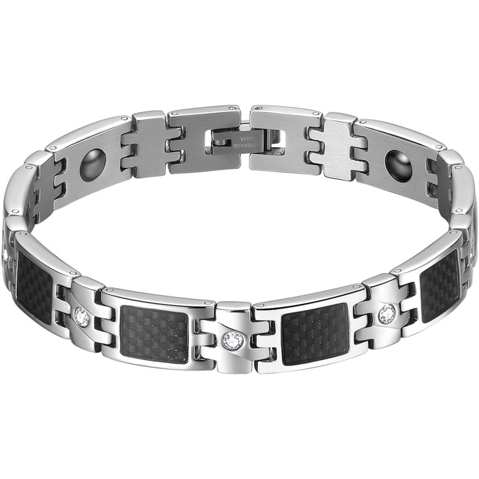 Чоловіче магнітне браслет JewelryWe з нержавіючої сталі, терапевтичний ефект, великий, масивний, з ланцюжком, для здоров'я, подарунок на День батька (вуглеволокно & цирконій, чорний/сріблястий)