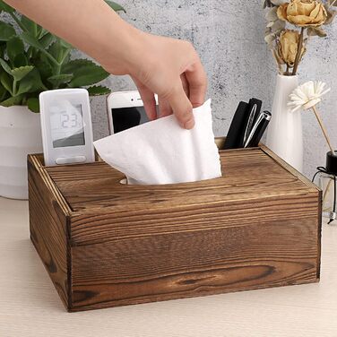 SUMTREE Vintage Rectangular Tissue Box Holder made of Wood with 3 Compartments for Stationery, Remote Controls, Tissue Dispenser Storage Box, Tissue Organizer, Decor (Brown, Large)