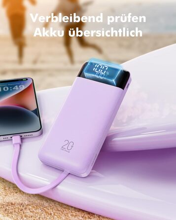 Power Bank Charmast 20000mAh з LED-дисплеєм та 4 кабелями (USB C PD3.0 QC4.0), 6 виходів, сумісний з iPhone, Samsung, Tablet, фіолетовий