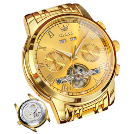 Чоловічий годинник OLEVS Automatik з турбійоном, календар, чорний, золотий, водостійкий, світловий, двоколірний | Механічний годинник для чоловіків