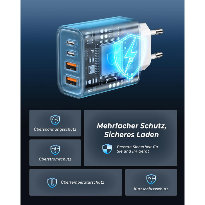 Мережевий адаптер ZKAPOR 40W з 4 USB-портами: швидка зарядка PD+QC для iPhone 16/15/14, Samsung Galaxy, Huawei, iPad