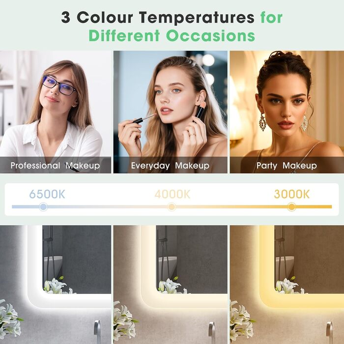 Дзеркало для ванної кімнати S'bagno з підсвічуванням 80x60 см, LED, Bluetooth, протитуманне покриття, 3 кольори, регулювання яскравості, пам'ять, загартоване скло, IP44, горизонтальне/вертикальне встановлення