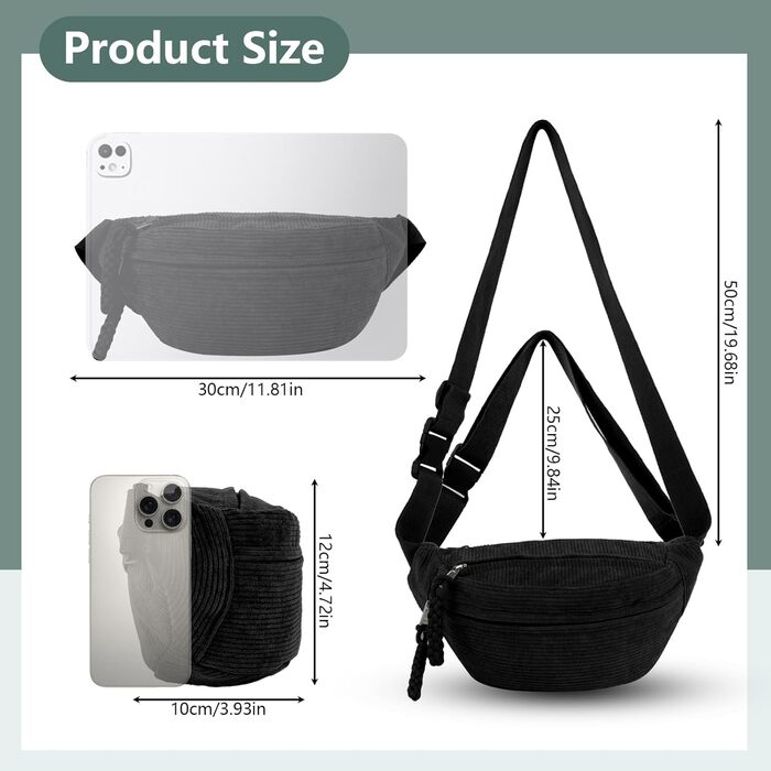 Жіноча сумка через плече, поясна сумка, сумка кросбоді з корду, стильна та практична нагрудна сумка, сумка на пояс, на стегно, для спорту, подорожей, бігу, школи, зелена (чорна)