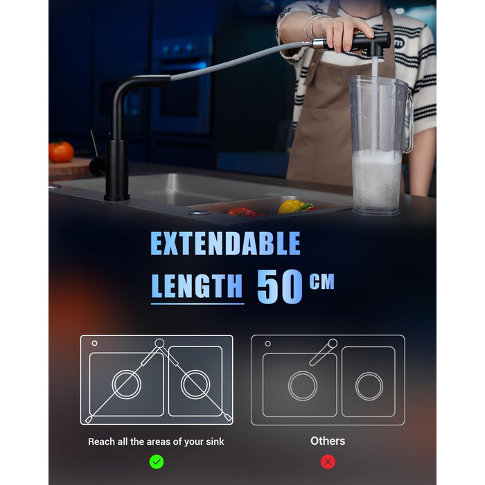 Чорна кухонна змішувач DAYONE з висувною лійкою, 360° обертання, модель G6808mb