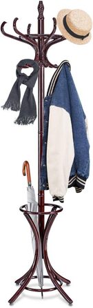 GIANTEX Coat Rack with Umbrella Stand, Clothes Rack Wood with 12 Clothes Hooks, Wooden Coat Tree Freestanding, Standing Coat Rack for Entryway Living Room (White) (Brown)