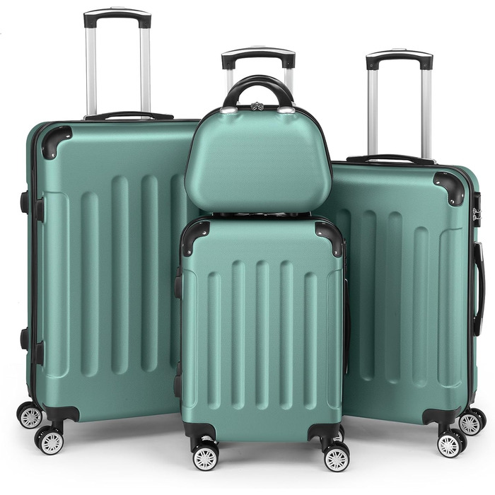 Набір валіз LEADZM 4 шт. з косметичками, посилені кути, ABS, телескопічна ручка, ручна поклажа (Чорний, Турквіс)