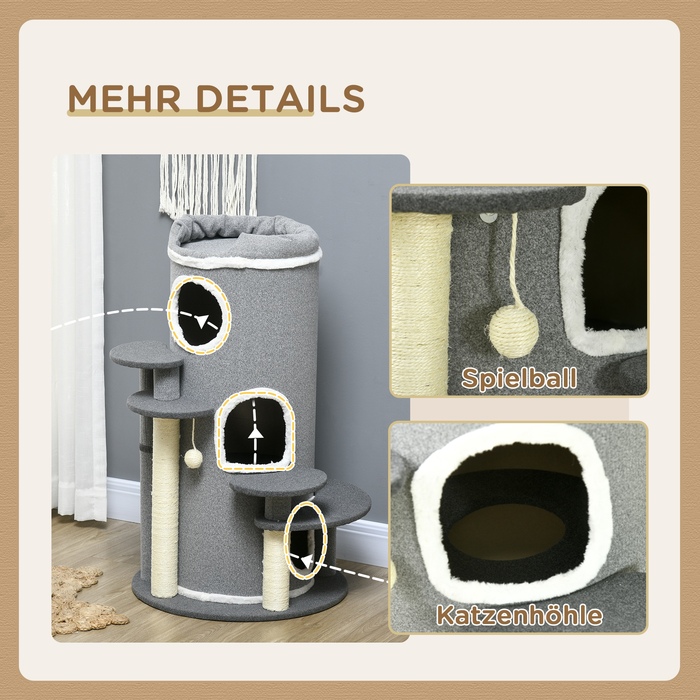 PawHut Кігтеточка для котів 99 см Іграшкова кігтеточка з ліжком для котів, іграшковим м'ячиком та платформами, меблі для котів, сіра | Aosom