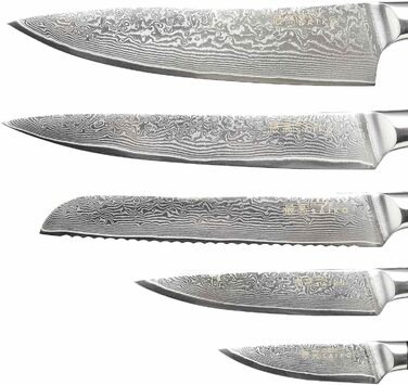 Набір кухонних ножів BEM Master Chef 6 шт. з підставкою: кухонний, овочевий, хлібний, універсальний ножі + точилка (дамаст)