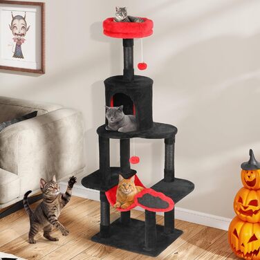 Котячий комплекс YITAHOME XXL, 142 см, з 8 стовпчиками сизалю, 3 платформами, 2 хованками, гамаком, іграшками, чорно-червоний