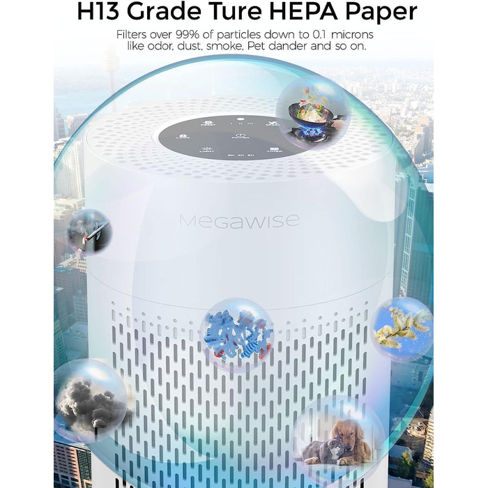 MEGAWISE Повітряний Очищувач для великих приміщень до 100 м², HEPA фільтр H13, датчик якості повітря, нічний режим