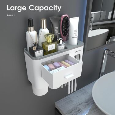 I have toothbrush holders for bathroom decor, 2 cup toothbrush holders wall-mounted with toothpaste dispenser, bathroom accessories with a large-capacity tray, and a cosmetic drawer.