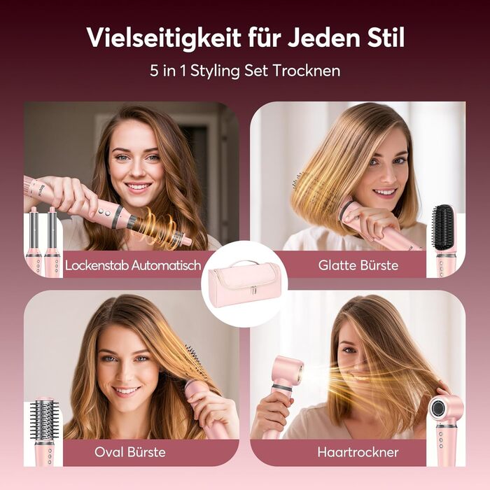 Airstyler 5-в-1: Фен-щітка, стайлер для локонів, випрямляч, сушарка, з чохлом, рожевий