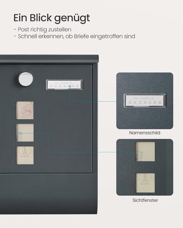 Поштова скринька SONGMICS з замком, оглядовим вікном та відділенням для газет, антрацит, 33.8x30.8x10 см