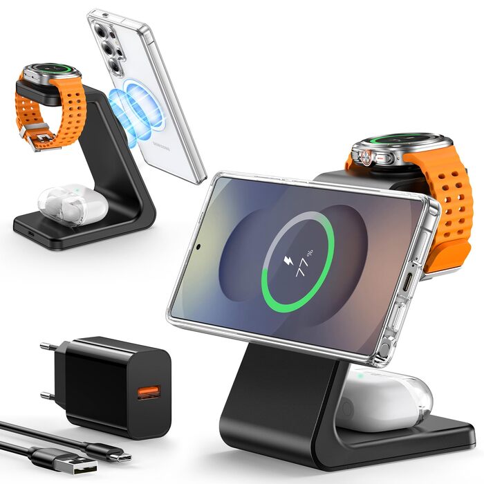 Магнітна зарядка 3-в-1 для Samsung Galaxy: швидка бездротова зарядка Mag-Safe для S25 Ultra/S24/S23, Z Fold/Flip, Galaxy Watch Ultra/7/6 та Galaxy Buds Pro (чорний)