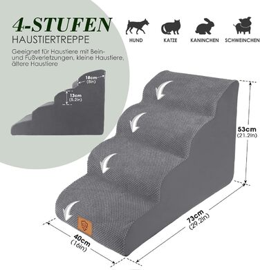 4-Step Dog Stairs, 50cm High Sponge Pet Stairs for Dogs and Cats, Non-Slip Pet Ladder Cat Stairs with Washable Cover for Sofa Bed, Grey