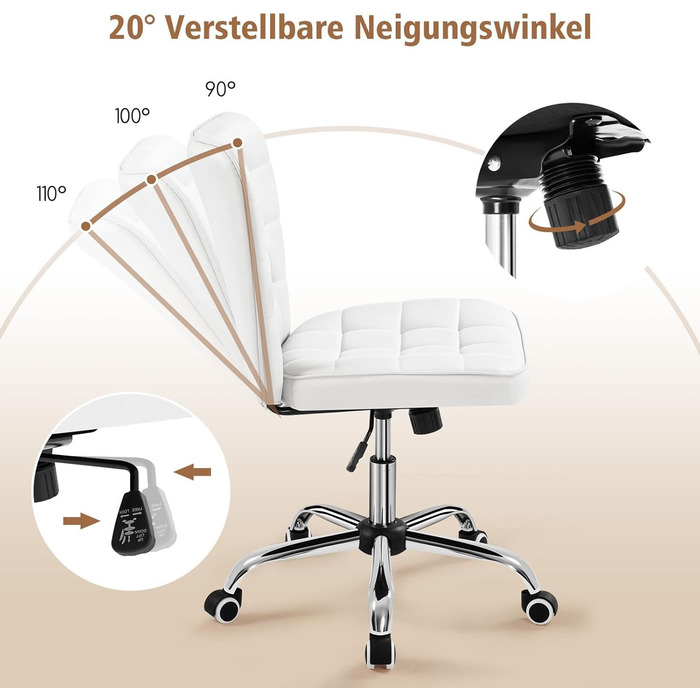 Крісло для дому та офісу Yaheetech, обертове, регульоване по висоті, без підлокітників, на колесах, з штучної шкіри (білий)