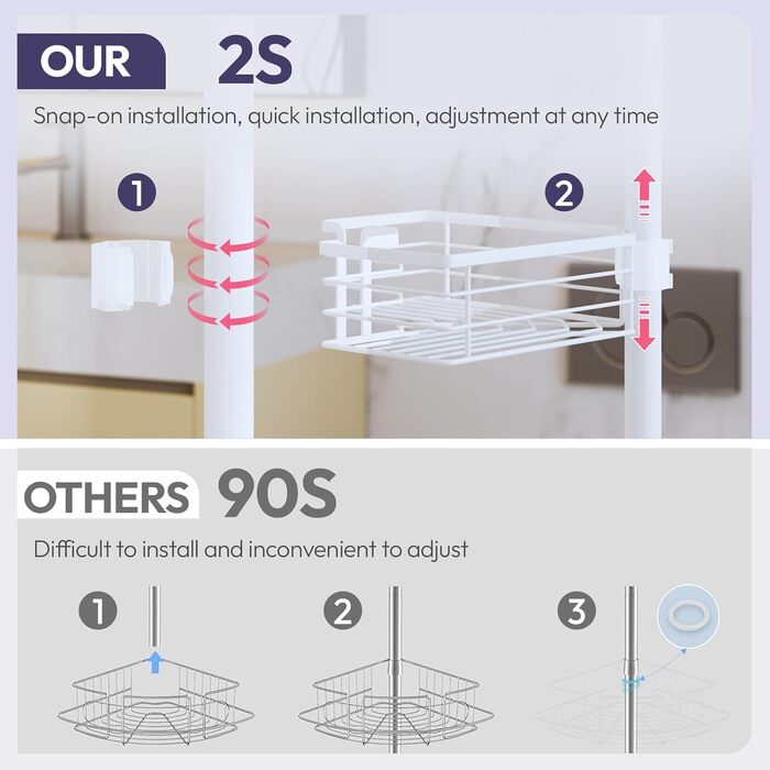 Поличка для душу SWTYMIKI телескопічна, кутова, з мильничкою та тримачем для зубних щіток, 4 гачки, регульована, не потребує свердління, нержавіюча сталь, 70-275 см, білий