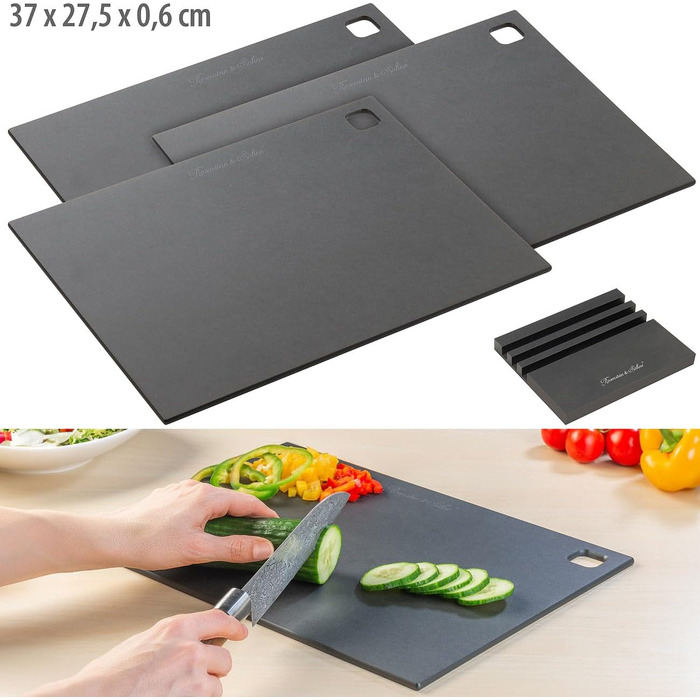 Rosenstein & Söhne Cutting Boards Wood: Set of 3 Wood Fiber Cutting Boards with Stand, 37 x 27.5 x 0.6 cm (Household Wood Cutting Boards, Large Kitchen Board)…