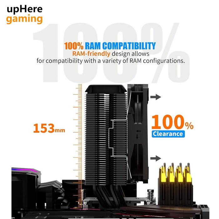 upHere Охолоджувач CPU з 4 Heatpipe, сумісний з Intel 2011/2066 (X79/X99) та AM5/AM4, 120мм вентилятор PWM