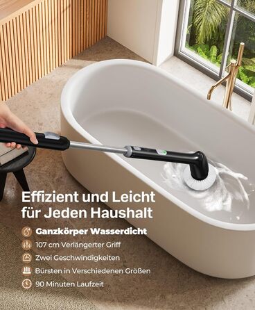 LyriFine Electric Cleaning Brush, New Full-Body IPX7 Waterproof Electric Cleaning Brush, Electric Cleaning Brush for Household Use with Long Handle, 2 Speeds, Replacement Heads for Bathroom (Full Black)