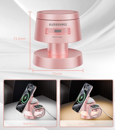 Бездротова зарядка 4-в-1 для iPhone 17/16/15/14 Pro Max з нічним світлом, сумісна з Apple Watch та AirPods, рожева