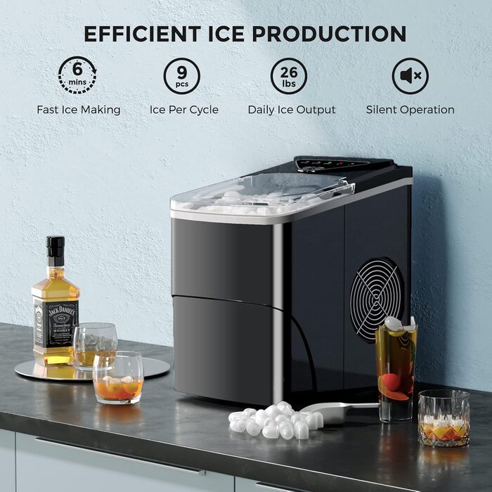 Portable Ice Maker - Fast Cube Ice Machine for Home, Kitchen, Office, Bar (Black)