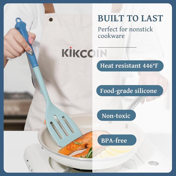 Набір кухонних аксесуарів Kikcoin 43 шт. – Силіконовий набір кухонних інструментів, безпечний для миття в посудомийній машині, лопатки для антипригарного посуду, стійкий до 230°C, кухонні помічники з підставкою, без BPA, колір: авокадо (блакитний)