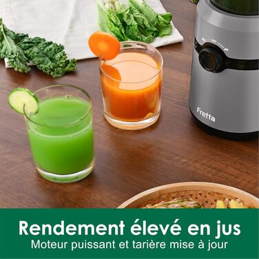 Fretta Slow Juicer with 108mm Opening & 1L Capacity, Juicer for Vegetables and Fruits - Test Winner, 200W Electric Juice Press with Cold Press, Easy Cleaning and Quiet Motor, BPA-free (Gray, 1L) 1L Gray