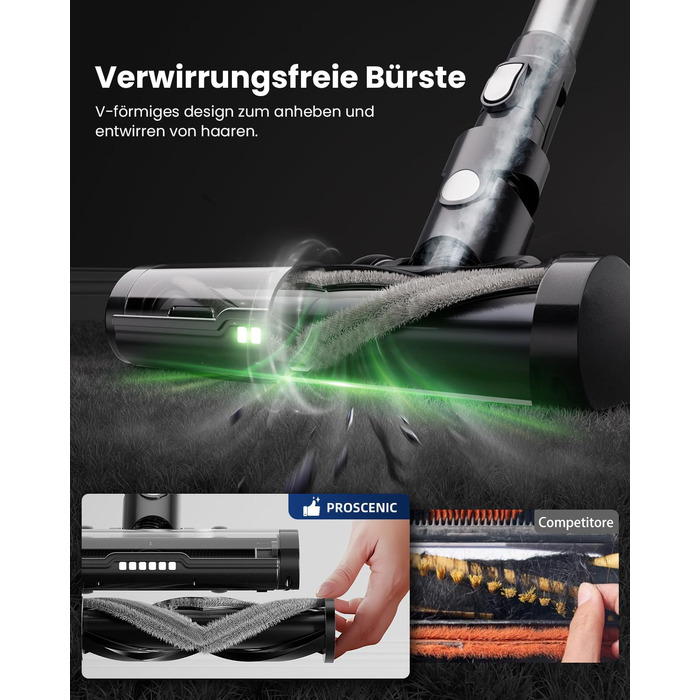 Бездротовий пилосос Proscenic P13: потужний акумуляторний пилосос з 45KPa, 550W, 45 хвилин роботи, сенсорний екран, зелене підсвічування, док-станція, 1.2L, видалення шерсті тварин, для килимів та твердих поверхонь