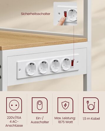 Полиця кухонна VASAGLE з розетками, стелаж для мікрохвильовки, 8 гачків S-подібної форми, кухонний шафчик, органайзер для спецій, 40 x 90 x 165,5 см, коричневий вінтаж та чорний, KKS031K11