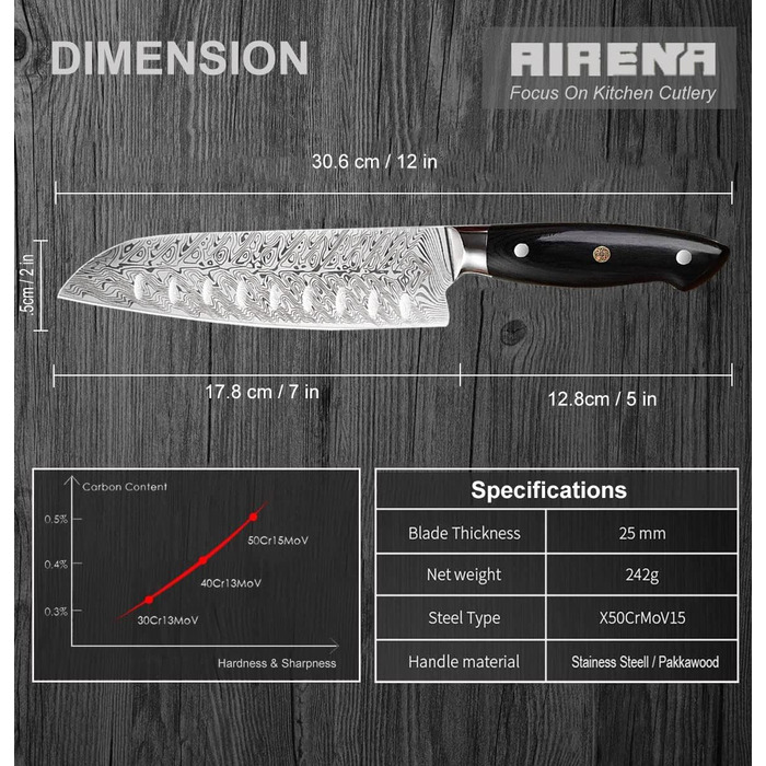 AIRENA Santoku ніж - 7 дюймів, японський стиль, кухонний ніж з нержавіючої сталі X50CrMov15, повний хвостовик, ергономічна ручка Pakkaholz, найкраща продуктивність, надзвичайно гострий ніж для приготування їжі з подарунковою коробкою