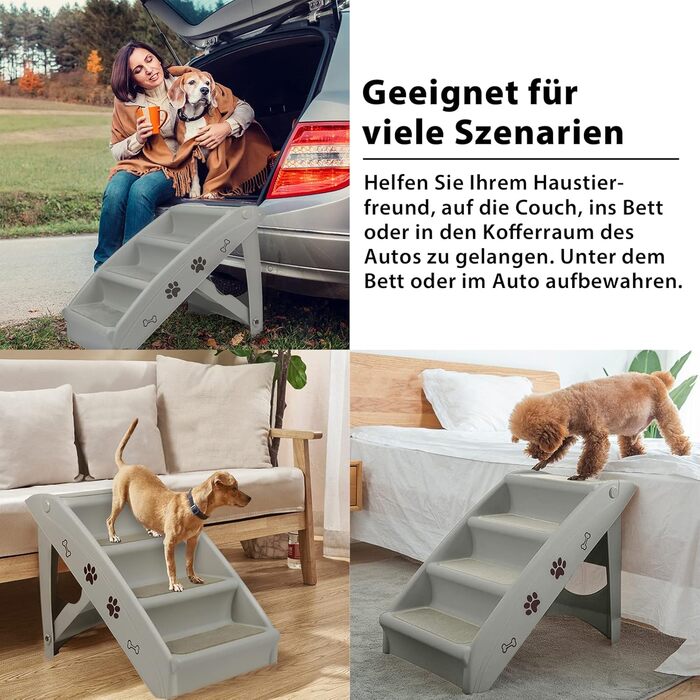 Froadp 49x38x61cm Folding Stairs for Dogs Made of Plastic, Folding Dog Steps with 4 Steps & Felt Mat, Non-Slip Cat Stairs, Bed, Balcony, Sofa, Portable Pet Stairs for Dogs and Cats (Grey)