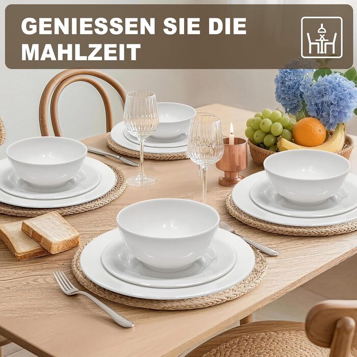 Набір посуду 12 шт. – 36 предметів, міцний, легкий, з мисками для каші 26 oz, десертними та обідніми тарілками 10,5 дюймів, придатний для миття в посудомийній машині, багаторазовий, подарунок для дому, для щоденного використання, посуд білий