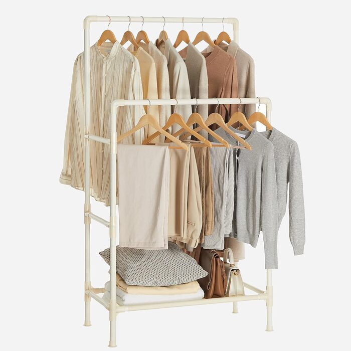 SONGMICS Стійка для одягу металева, з 2 перекладинами та полицею, біла, до 55 кг, проста збірка RDR01WT