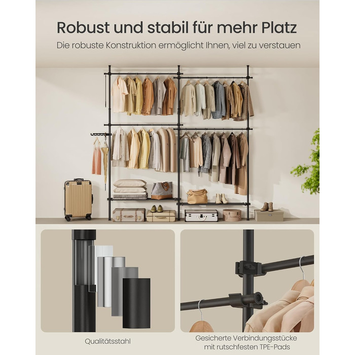 SONGMICS Telescopic Rod Clothes Rack, 3-Tier Wardrobe, Height and Width Adjustable, Open Clothes Closet with 2 Garment Rods and Removable Shelf, Grab Arm, HSR136B01 (Matte Black, 2 Rows (162B~238B) cm)