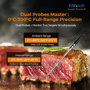 Bluetooth термометр для м'яса Elitech з двома зондами, IP67, 0-300°C, для гриля, духовки, ротисерії, фритюрниці, кухні