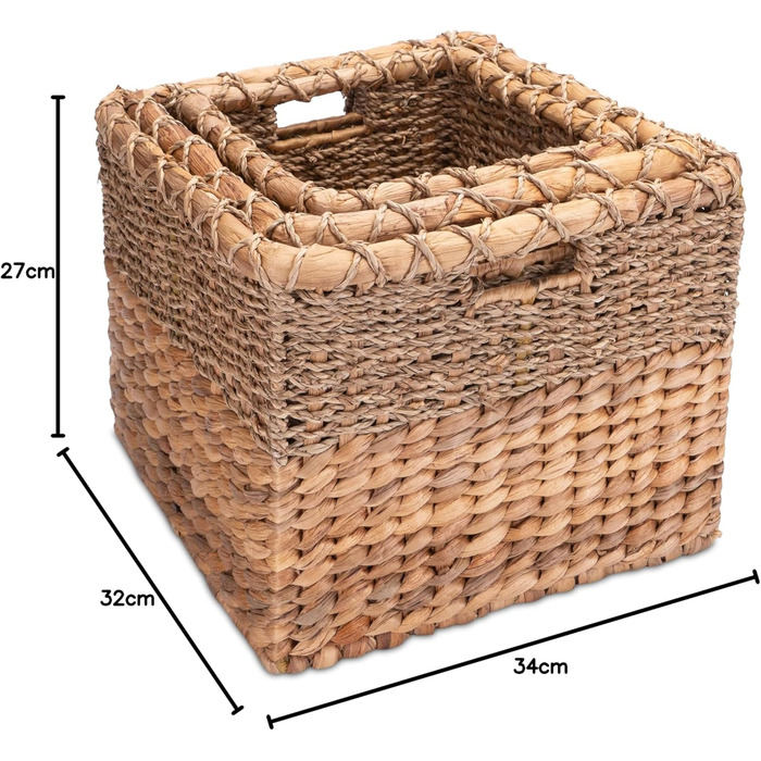 Decorative Basket Storage Woven from Water Hyacinth - Seagrass Rectangular - Shelf Basket Square - Set of 3 (S+M+L) Natural