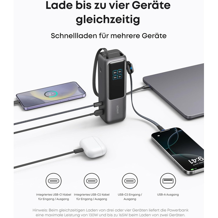 Powerbank Anker 25000mAh 165W з USB-C, 3 порти USB-C (100W), вбудований кабель, для iPhone, MacBook, Samsung та інших пристроїв (Чорний)