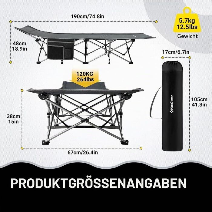 Складане кемпінгове ліжко KingCamp Ultralight з бічною кишенею, розкладне ліжко для відпочинку на природі, вдома та в автофургоні, 190 x 67 см, колір Blackgreychecker