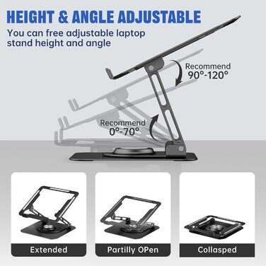 Adjustable Laptop Stand - 360° Rotating Base, Foldable & Portable for 10-17 Inch Laptops - Black